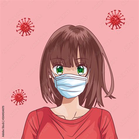 beautiful woman with face mask and covid19 particles anime style Stock ...