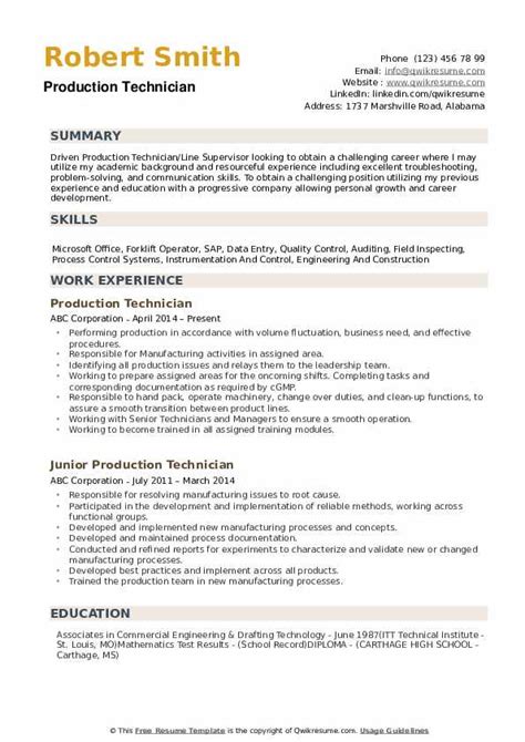 Production Technician Resume Samples | QwikResume