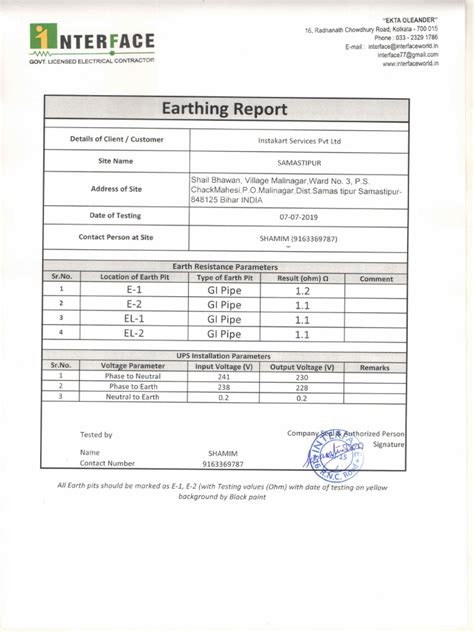 Earthing & Ups Report Sample Format | PDF