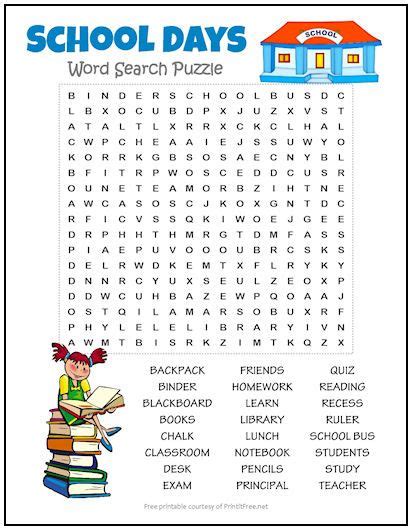 School Days Word Search Puzzle | Print it Free | Word puzzles for kids, English activities for ...