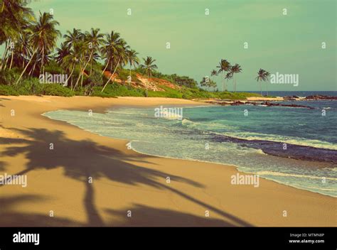 tropical beach at sunset - vintage retro style Stock Photo - Alamy