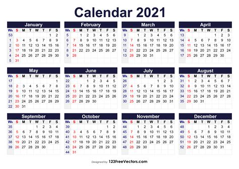 Free Printable 2021 Calendar with Week Numbers