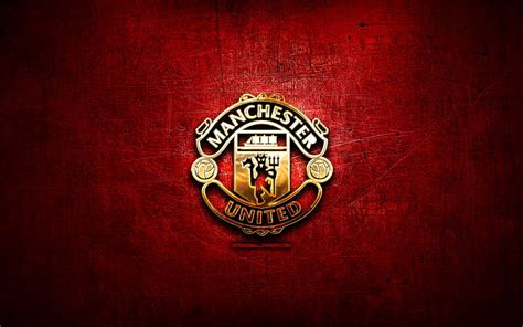 Manchester United FC, golden logo, Premier League, red abstract background, soccer, HD wallpaper ...