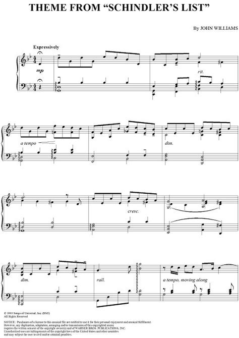 Theme from "Schindler's List" Sheet Music by John Williams | Beautiful ...