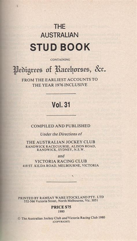 The Australian Stud Book Vol. 31 by Various: Very Good Hardcover (Original Cloth) (1980) First ...