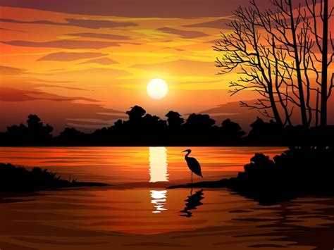 Premium Vector | Beautiful sunset landscape at lake with forest