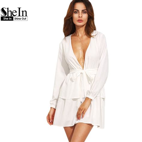 SheIn 2016 New Fashion Women Casual Dresses Plain Ivory Deep V Neck Self Tie Long Sleeve Tiered ...