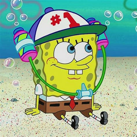 the spongebob is wearing a hat and holding a water hose in his hand