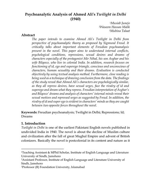 (PDF) Psychoanalytic Analysis of Ahmed Ali's Twilight in Delhi (1940)