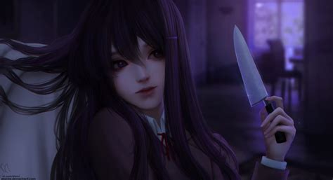 alqmia close dark doki doki literature club! knife long hair purple eyes purple hair realistic ...