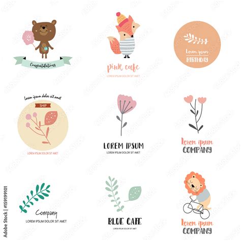 Cute logo design with bear,fox,lion,leaf and flower Stock Vector ...