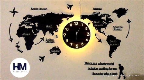 World Map Wall Clock With Rope Light, Creative Wooden World Map Wall ...