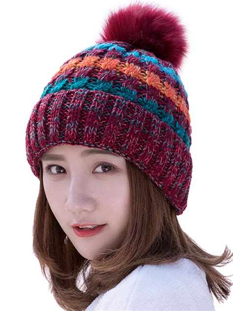 Womens Cable Knitted Bobble Winter Warm Slouchy Pom Pom Ski Beanie Hat ...