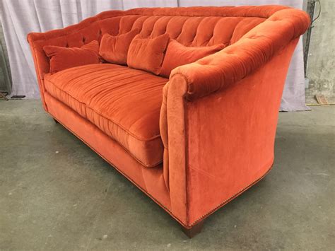 Sofa, Red/Orange Velvet, Chesterfield Style, Buttoned Back, Five Throw Pillows, Brass Nail Head ...