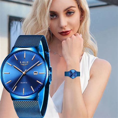 LIGE Womens Watches Top Brand luxury Analog Quartz Watch Women Full Blue Mesh Stainless Steel ...