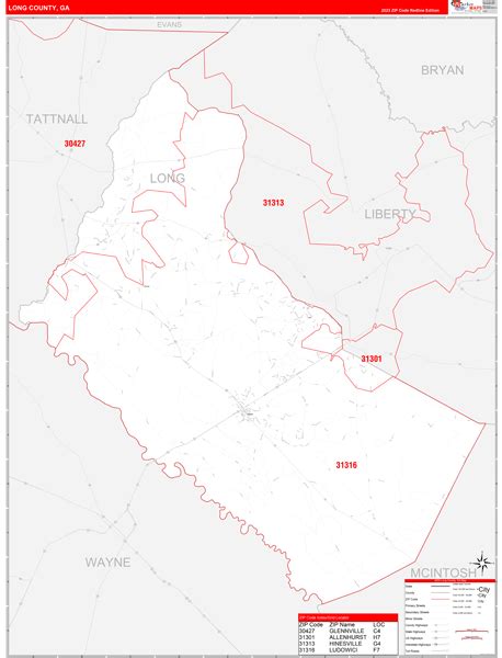 Long County, GA Zip Code Wall Map Red Line Style by MarketMAPS