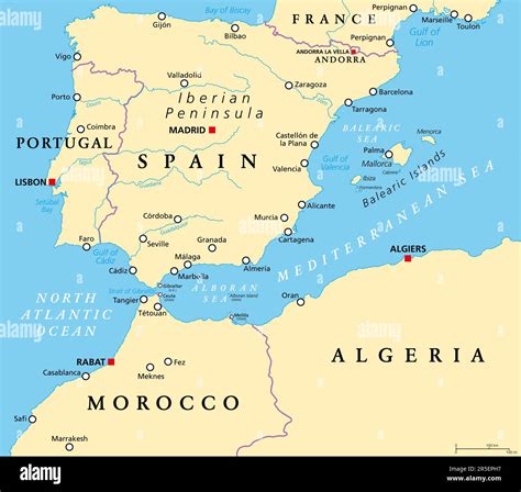 Mediterráneo occidental, mapa político. La Península Ibérica, bordeada por el Atlántico Norte y ...