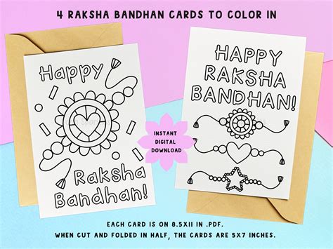 4 Raksha Bandhan Cards Printable, Instant Download, Coloring Card Raksha Bandhan Gifts Rakhi ...