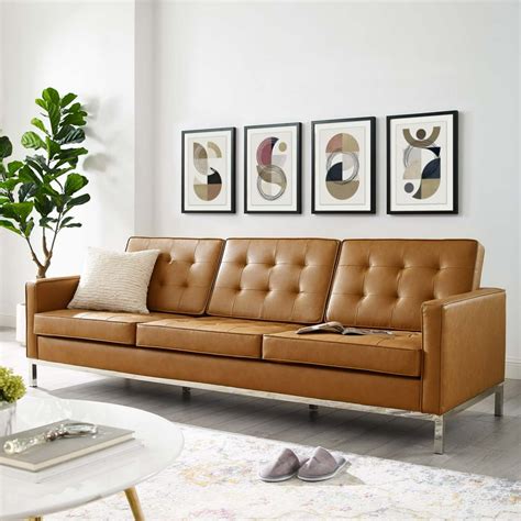 Loft Tufted Upholstered Faux Leather Sofa in Silver Tan - Walmart.com ...