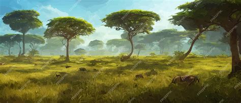 Premium Vector | Wild savanna landscape savannah african wild nature with acacia trees grass ...