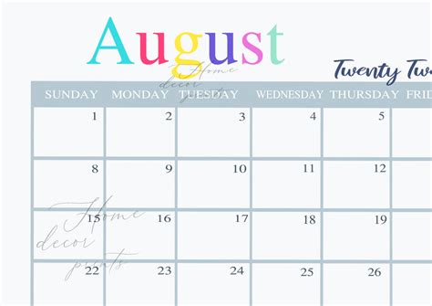 PRINTABLE August Calendar Printable Kids Calendar August | Etsy