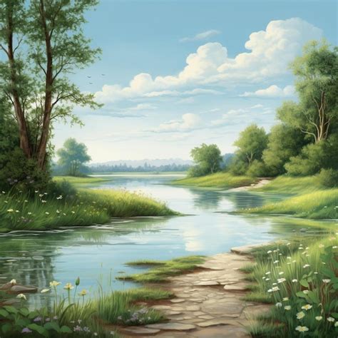 Premium AI Image | a painting of a river with a river and trees.