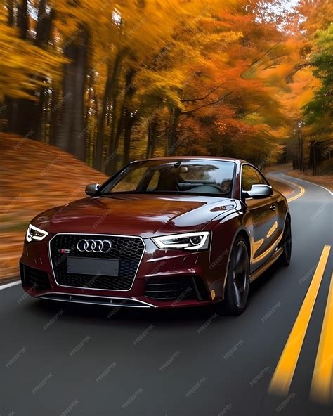 Premium Photo | A red audi sport sedan is driving on a road with autumn ...