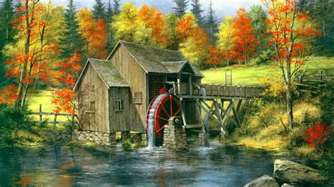 Old Fall Autumn Outdoors Painting Water Trees Beautiful Buildings Phone Wallpapers | Nature art ...