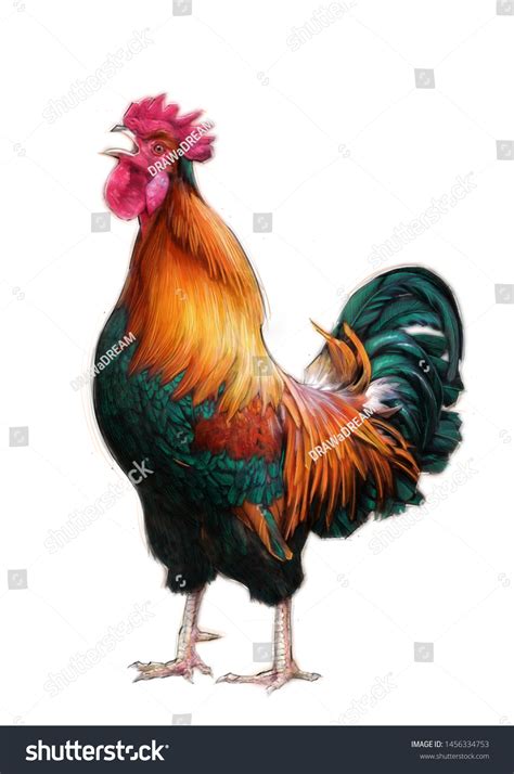 Rooster Colour Pencil Drawing On White Stock Illustration 1456334753 ...