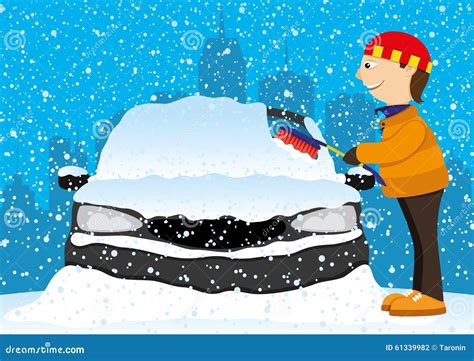 Man Cleans A Car From Snow. Stock Vector - Image: 61339982