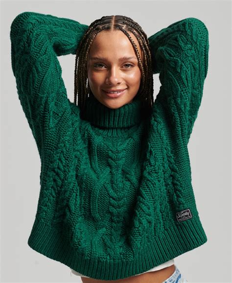 Womens - Cable Knit Polo Neck Jumper in Pine Green | Superdry UK