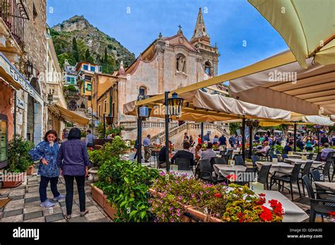 Italy Sicily Taormina Piazza IX Aprile restaurant and church of ST ...