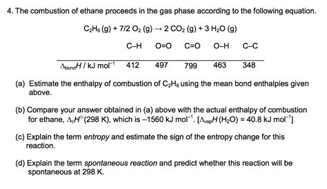 Solved 4. The combustion of ethane proceeds in the gas phase | Chegg.com