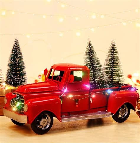 Amazon.com: AerWo Red Christmas Truck, Little Red Truck Christmas Decor with 2 Mini Christmas ...