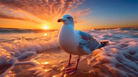 Premium AI Image | Highdetailed Seagull Beach Portrait At Sunset