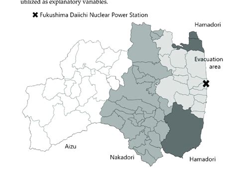 Evacuation area and areas in Fukushima. Regions colored in light gray ...