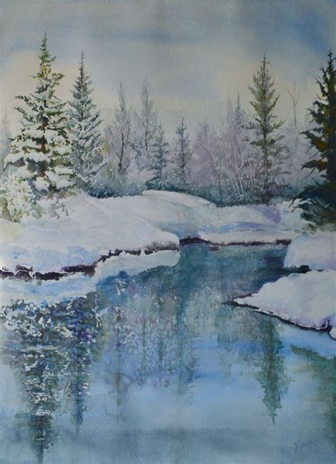 Watercolor Painting Original, Winter River, Christmas Trees, Snow Scene ...