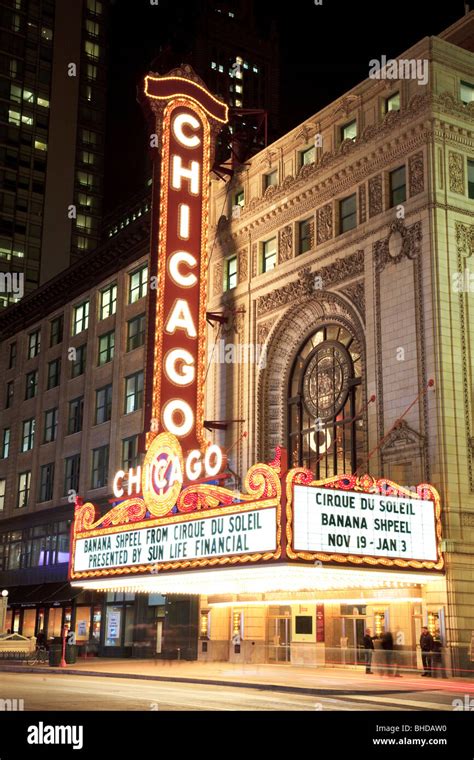 Theatre District, the famous Balaban and Katz Chicago Theatre viewed at night, Chicago, Illinois ...