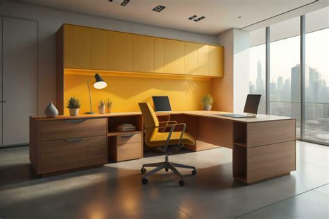 AI generated Interior of modern office with yellow and wooden walls, tiled floor, panoramic ...