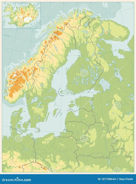 Northern Europe Physical Map. Retro Color Stock Vector - Illustration of land, grid: 107708644