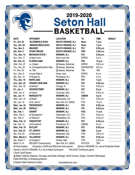 Printable 2019-2020 Seton Hall Pirates Basketball Schedule