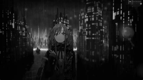 Grayscale Rain, Night, sad, girl, Manga Anime - 1920x1080