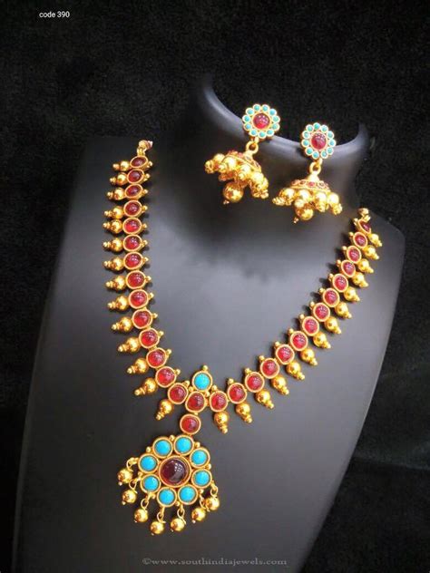 Gold Plated Turquoise Necklace ~ South India Jewels