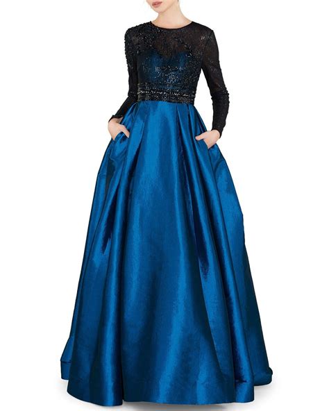 Mac Duggal Sequined High-Neck Illusion Long-Sleeve Taffeta Ball Gown | Vestidos de noche ...