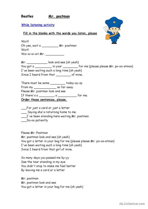 Mr Postman Beatles nursery rhyme and…: English ESL worksheets pdf & doc