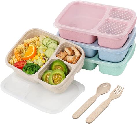 4 Pack Bento Lunch Box, 3 Compartment Meal Prep Containers, Lunch Box ...