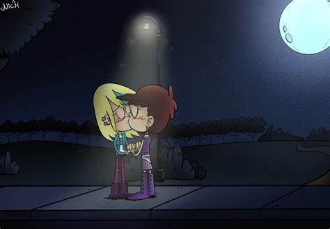 an animated image of two people kissing in front of a full moon and street light