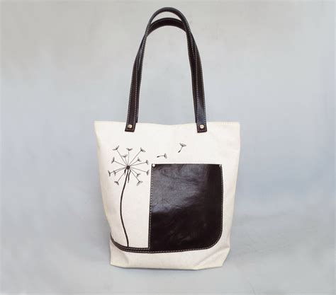 Canvas Leather Tote Bag. Embroidery Canvas Carry All Tote. - Etsy