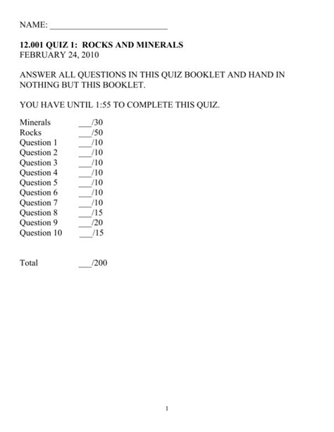 Quiz 1 Rocks and Minerals 2010 edited