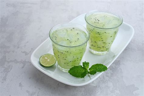 Es Timun Serut, a typical Indonesian drink made from shaved cucumber with syrup, lime and basil ...